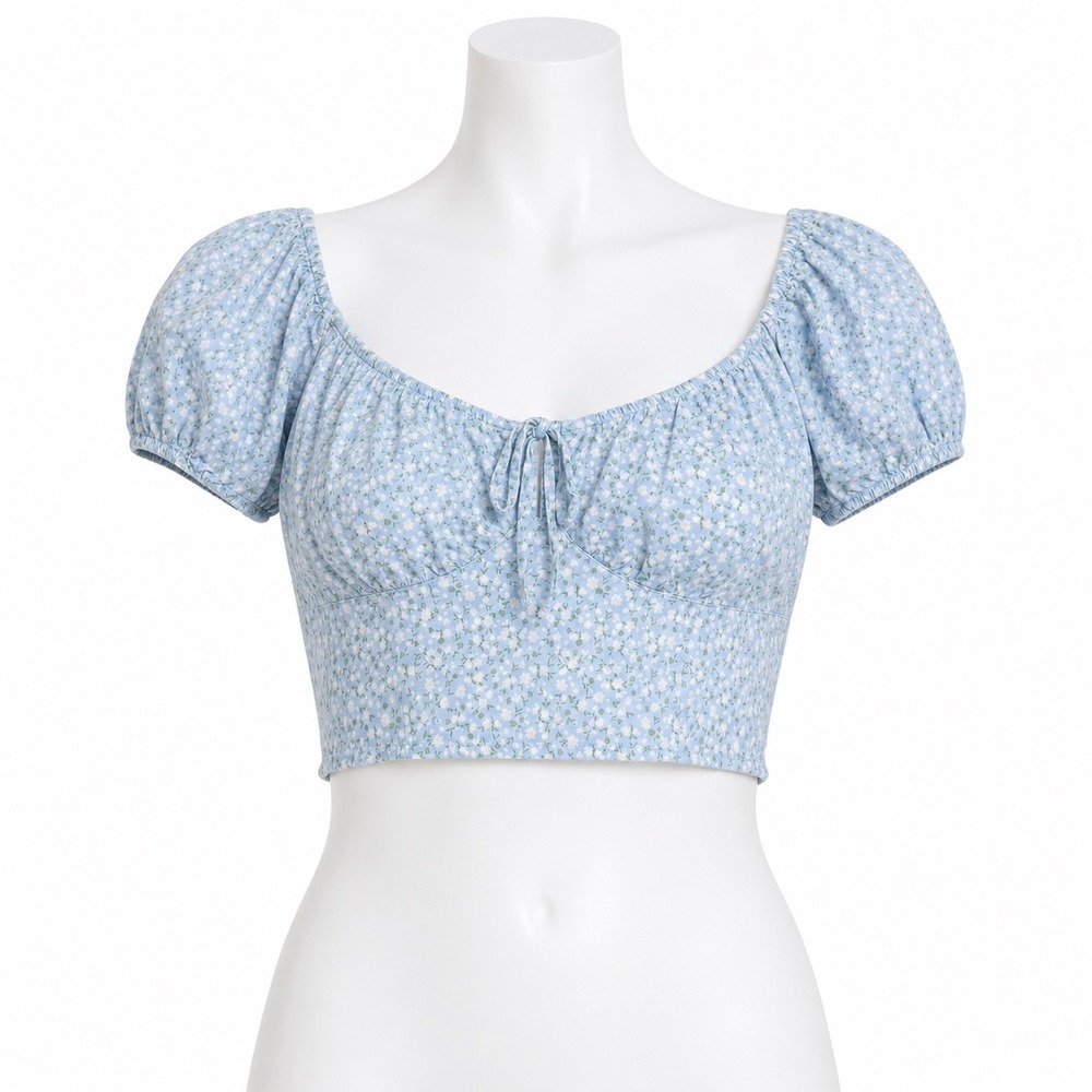 Hollister Floral Smocked Crop Top Large Blue Milkmaid Puff Sleeve Cottagecore